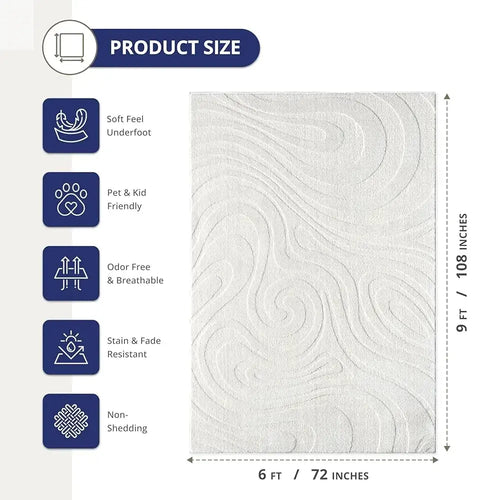 Cozy Cream 6x9 Area Rug For Living Room, Bedroom - Swirl Waves Pattern, Durable & Easy To Clean