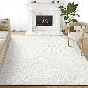 Cozy Cream 6x9 Area Rug For Living Room, Bedroom - Swirl Waves Pattern, Durable & Easy To Clean